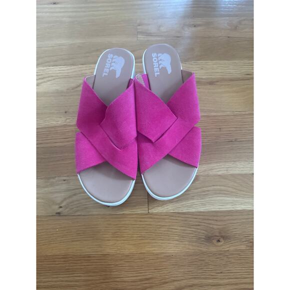 Sorel Shoes - Sorel Women's Fuchsia Fizz Leather Cameron Flatform Mule Wedge Sandals Size 8